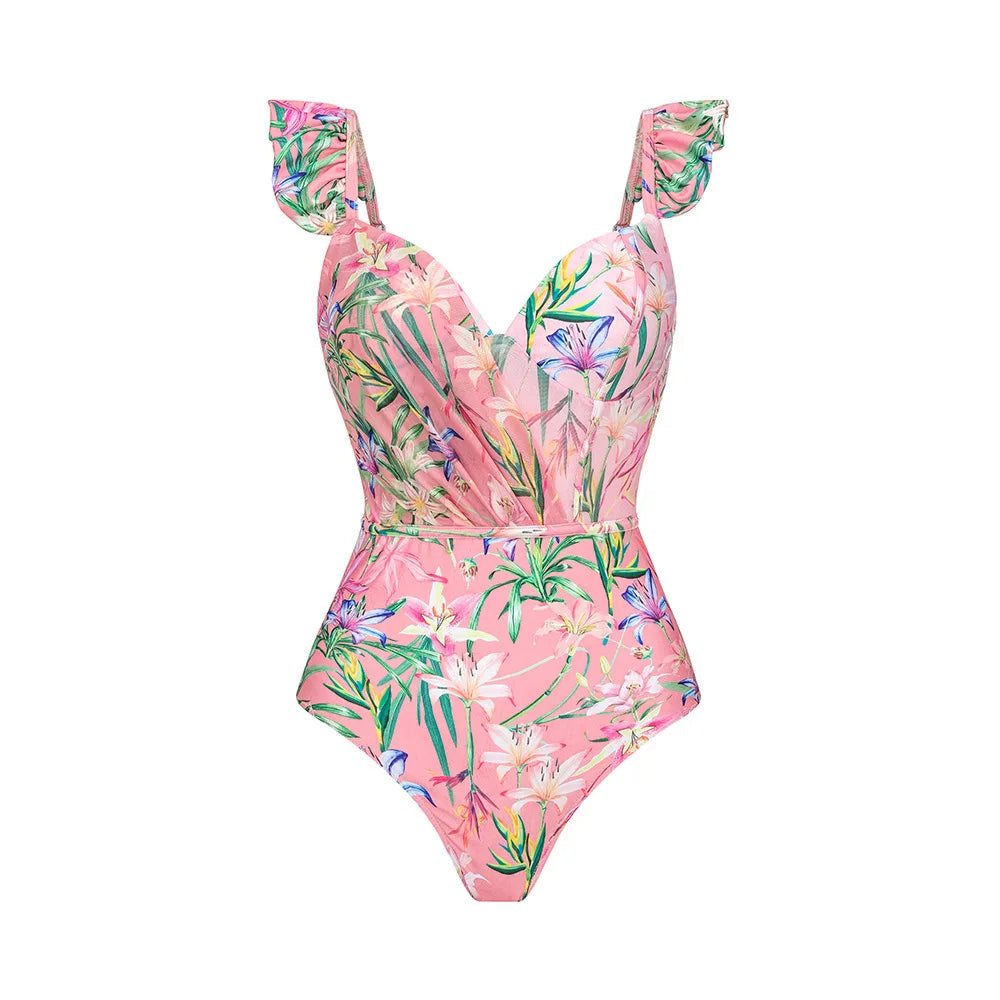 Pink Floral One Pieces Swimwear+ Swim Cover Up Skirt