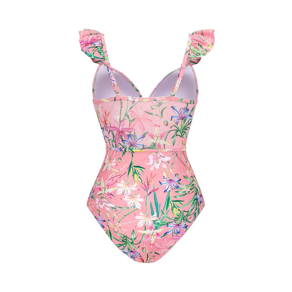 Pink Floral One Pieces Swimwear+ Swim Cover Up Skirt