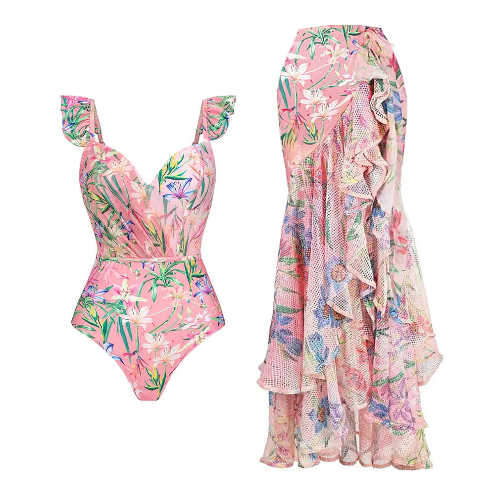 Pink Floral One Pieces Swimwear+ Swim Cover Up Skirt