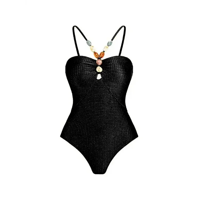 Beaded Halter One Piece Swimwear with Skirt Cover up