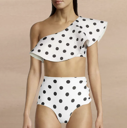 Polka Dotted Fun - Ruffled One Shoulder Swimwear with High Waisted Bottom