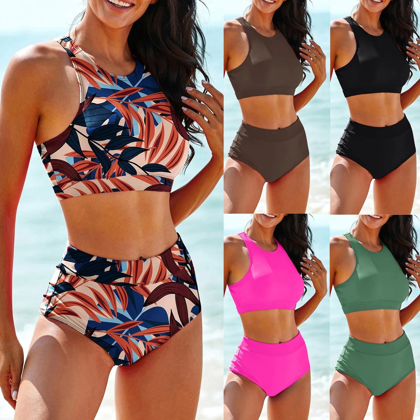 Solid Color Tank Top Swimsuit Two-Piece Set