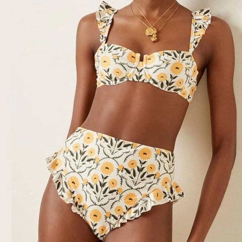 Yellow Floral Pattern Swimsuit