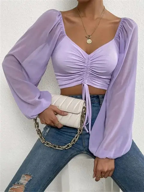 Puff Sleeve Summer Spring Lace Up V-Neck Top