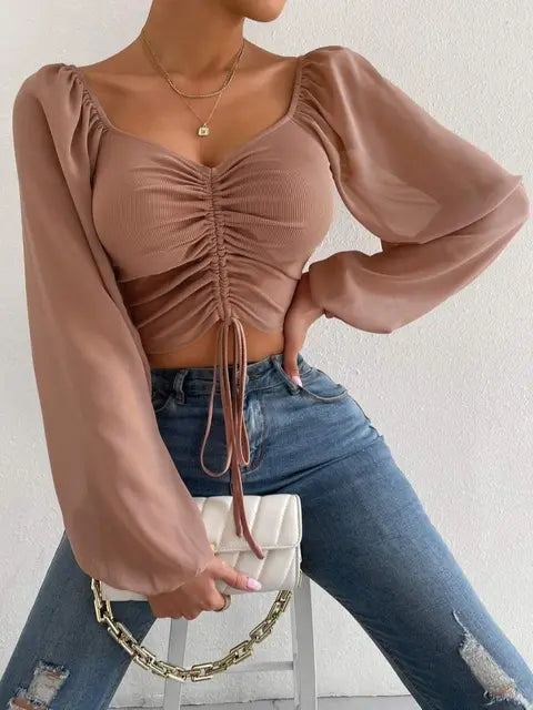 Puff Sleeve Summer Spring Lace Up V-Neck Top