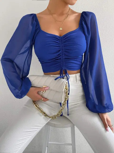 Puff Sleeve Summer Spring Lace Up V-Neck Top