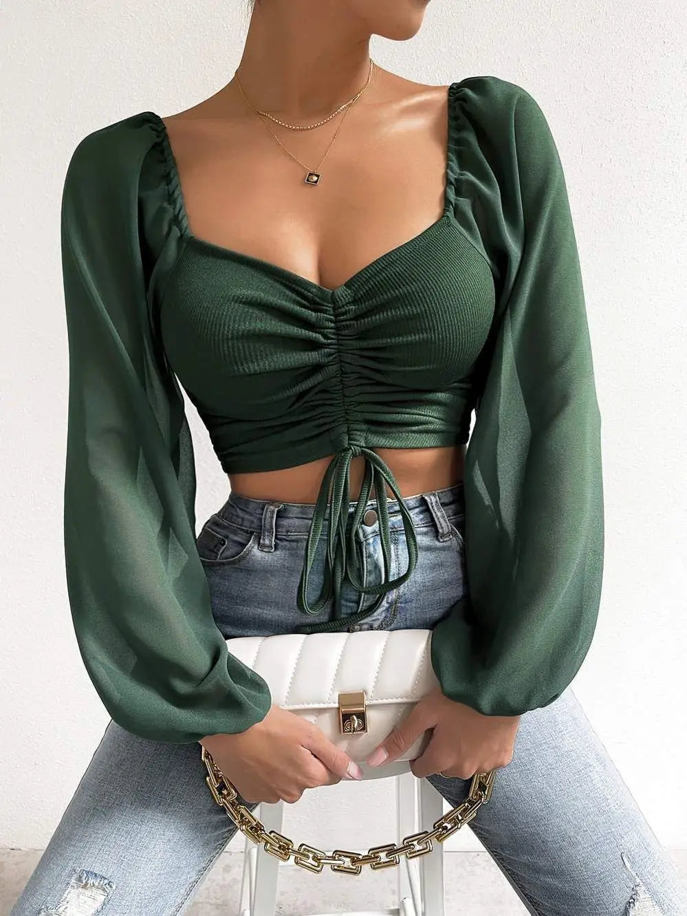 Puff Sleeve Summer Spring Lace Up V-Neck Top