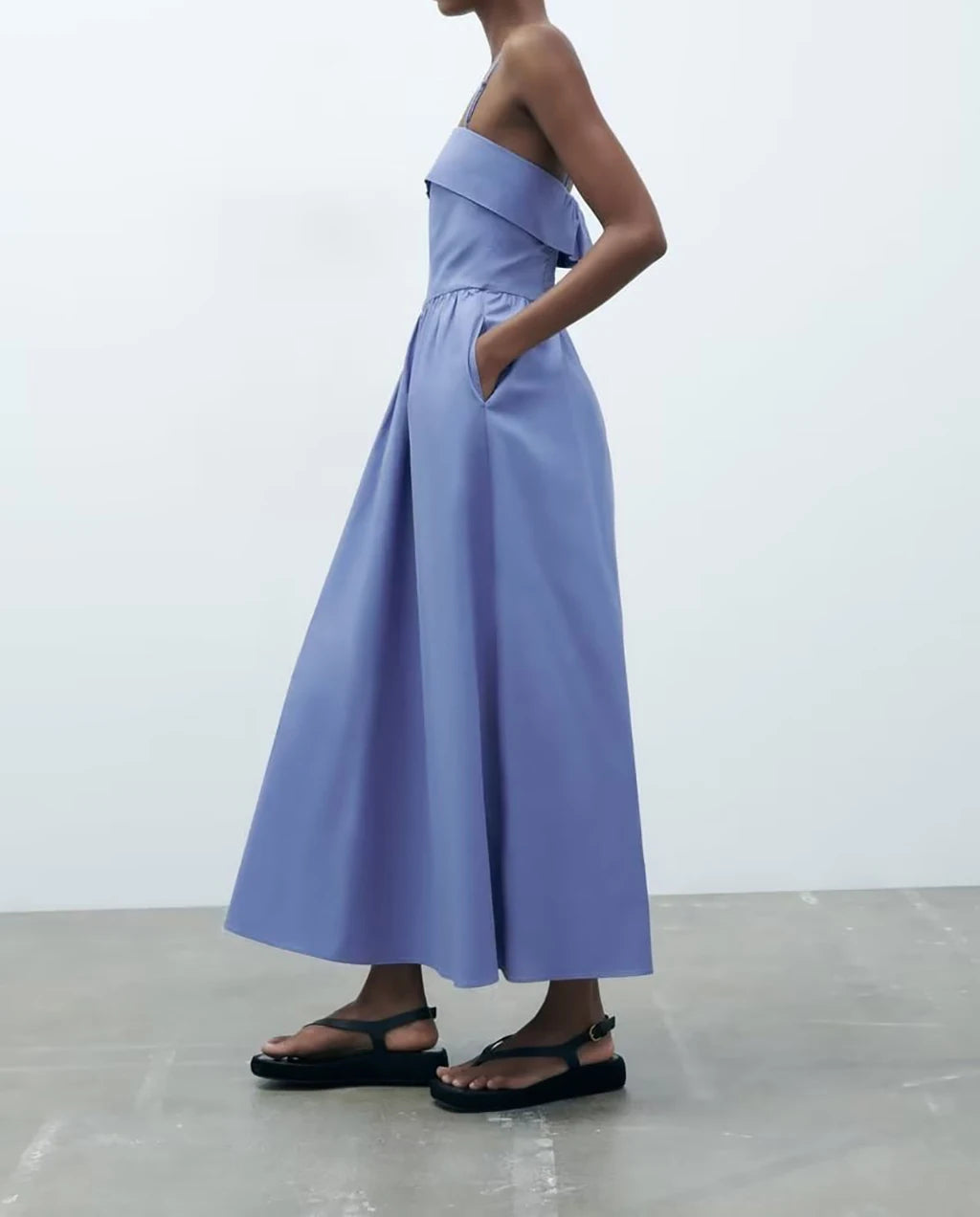 Blue Strapped Midi Dress with Foldover Design