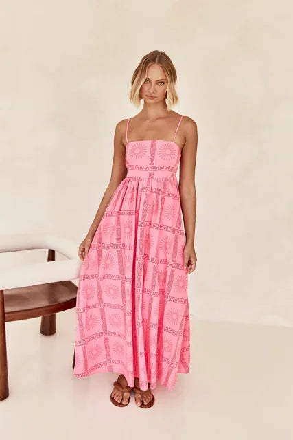 Pink Strappy Printed Dress with Cutout Back