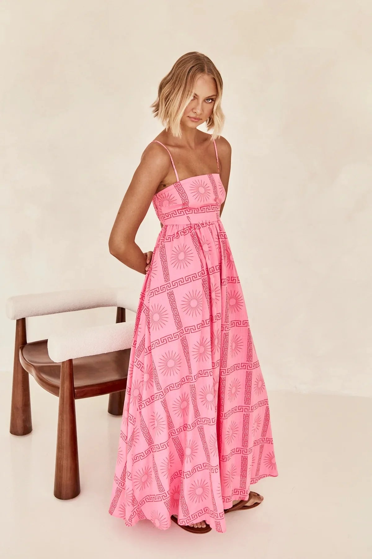 Pink Strappy Printed Dress with Cutout Back