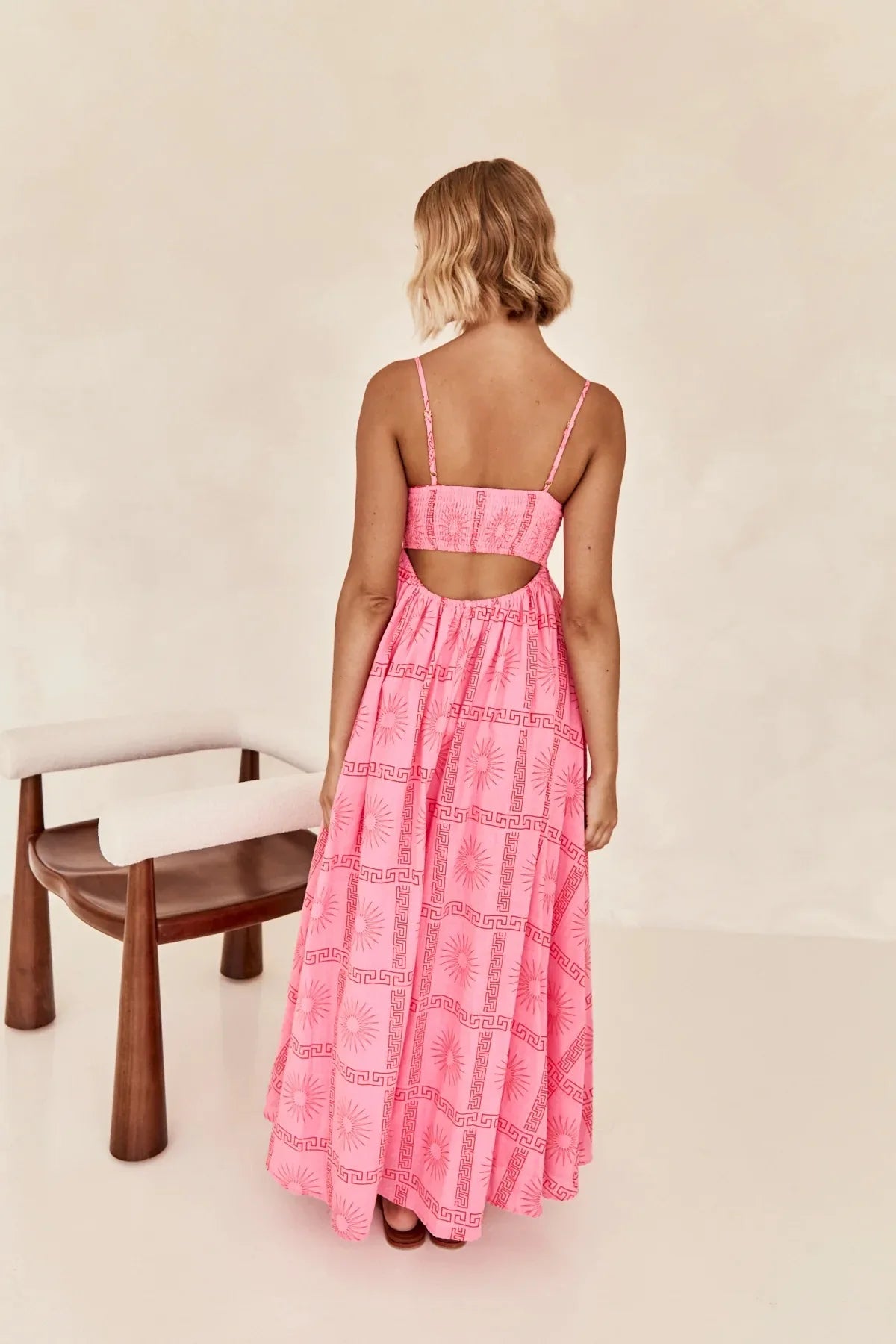 Pink Strappy Printed Dress with Cutout Back