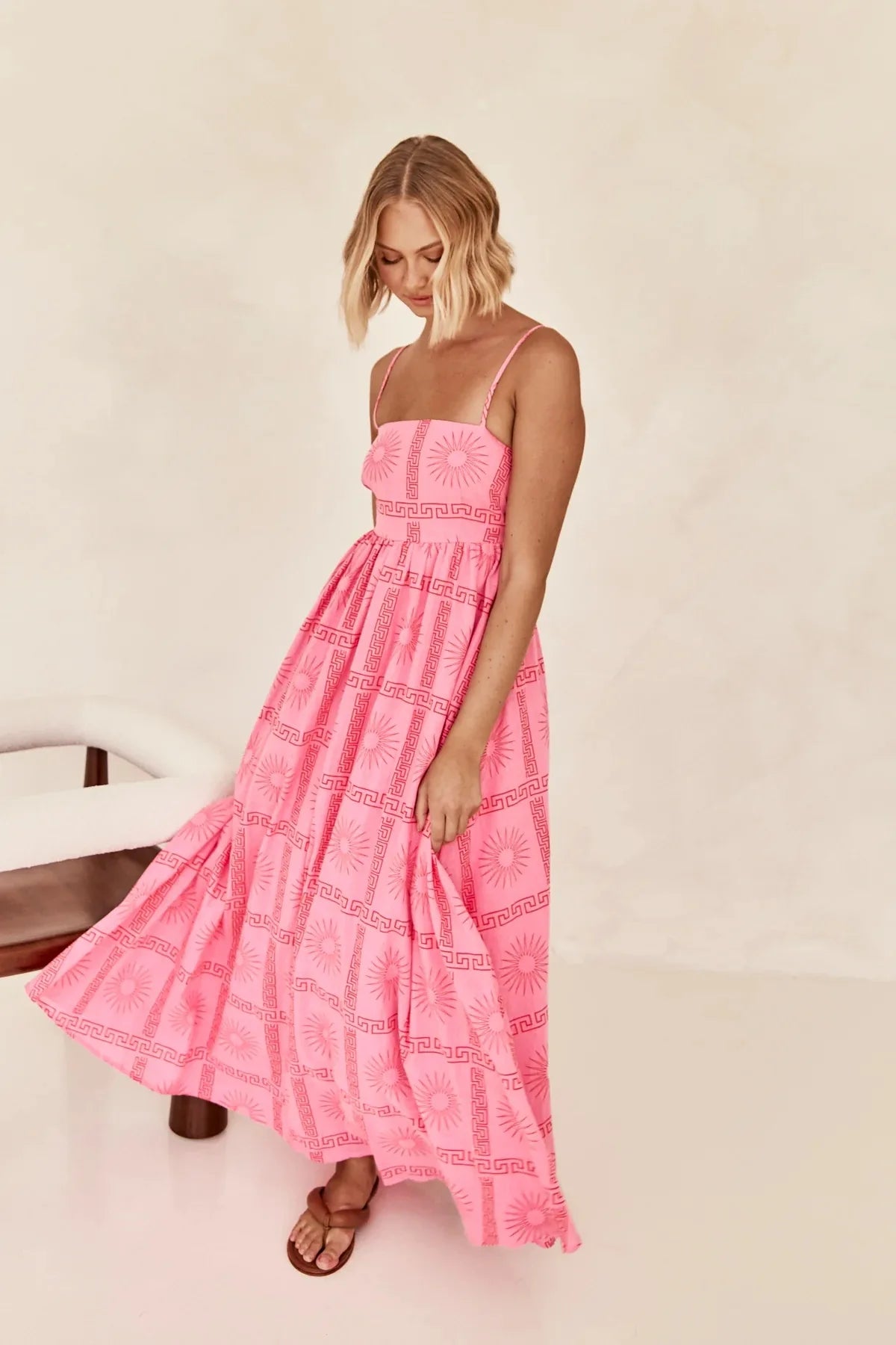 Pink Strappy Printed Dress with Cutout Back