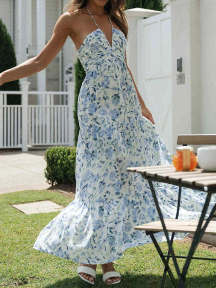 Chiffon Halter V Neck Floral Maxi Dress 