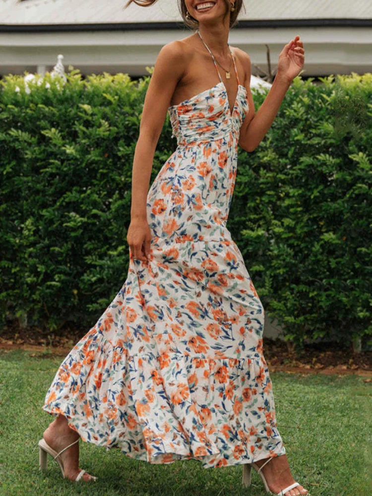 Chiffon Halter V Neck Floral Maxi Dress 