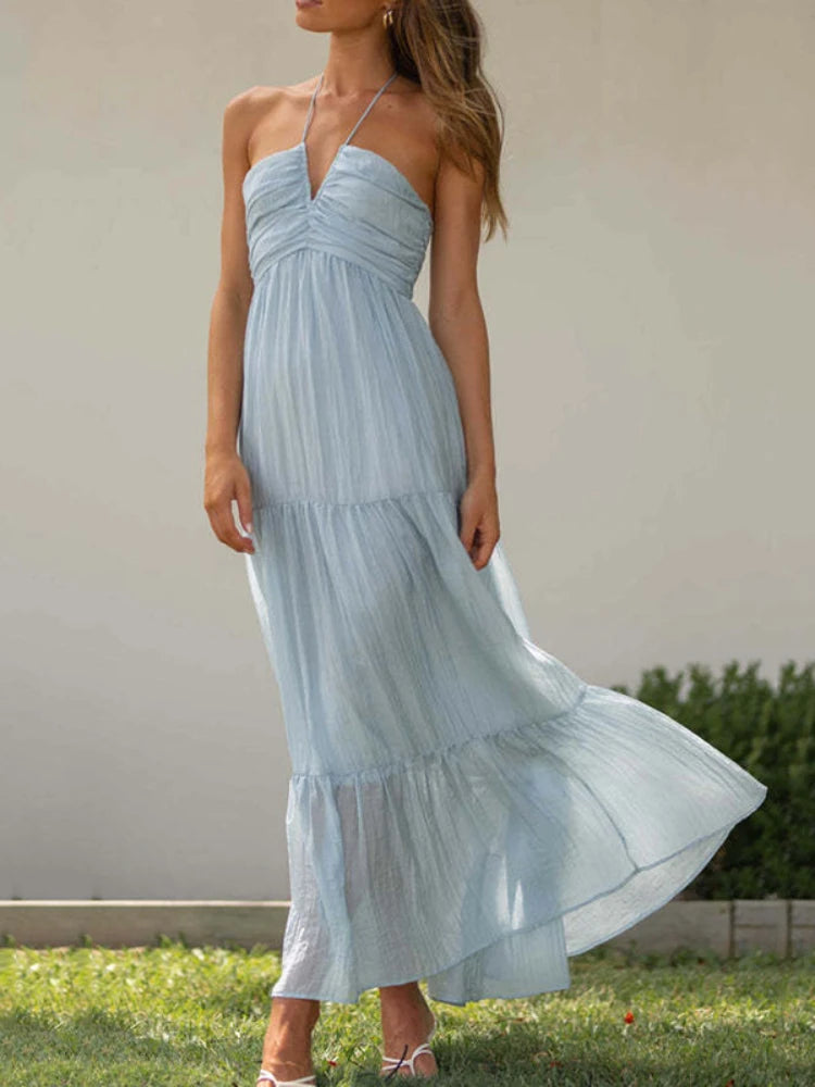 Chiffon Halter V Neck Floral Maxi Dress 