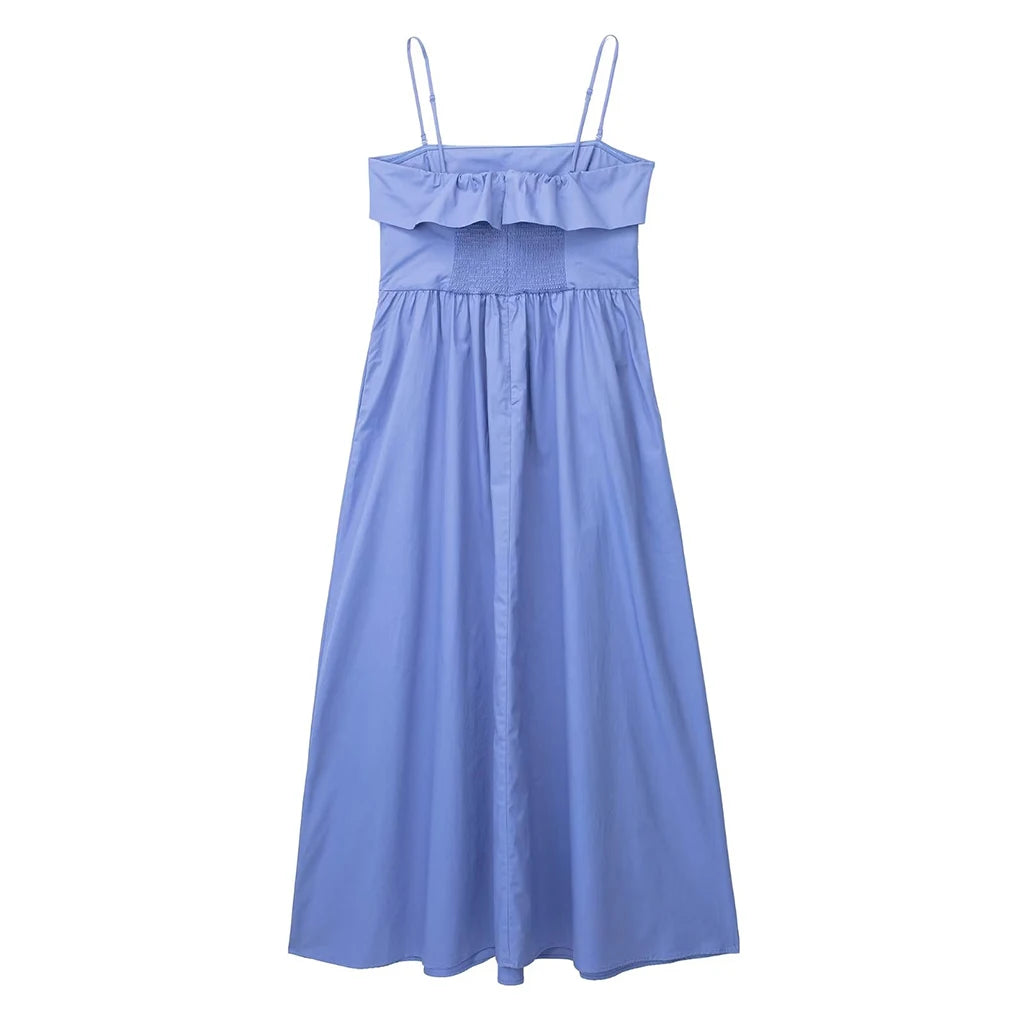 Blue Strapped Midi Dress with Foldover Design