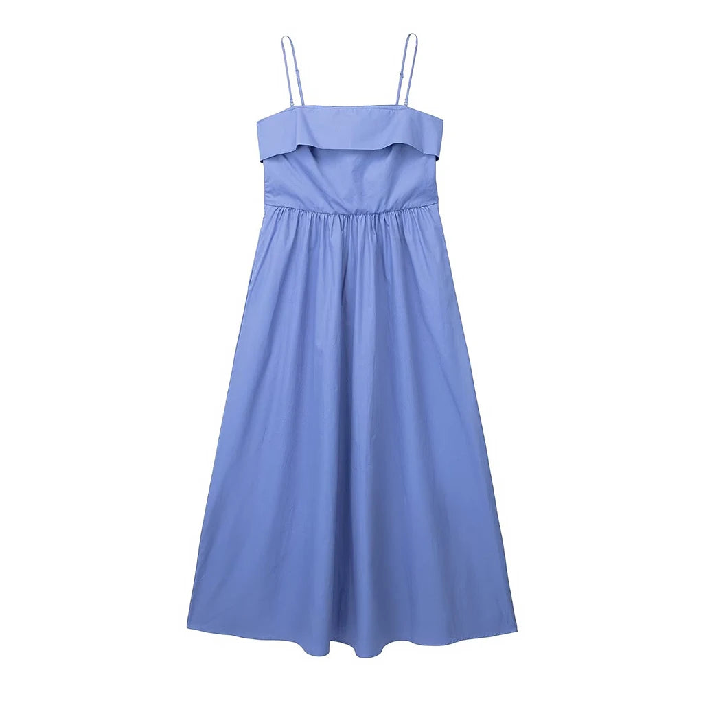 Blue Strapped Midi Dress with Foldover Design